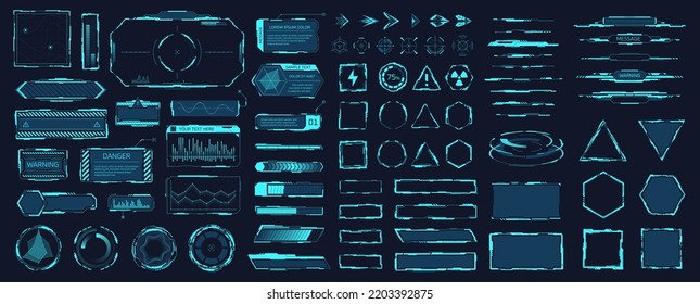 Scifi elements. Hud screen futuristic science, mega tech hologram frame chart digital interface control ui panel for cyberpunk game vr monitor, vector illustration of futuristic digital technology