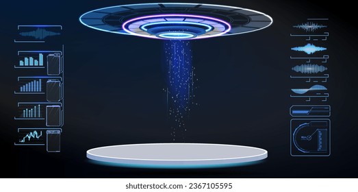 Sci-fi empty pedestal with HUD interface in cyberpunk style for UI, games, GUI and product presentation. HUD interface.  3D podium with cyberspace. Vector mockup