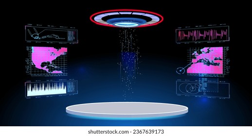 Sci-fi empty pedestal with HUD interface in cyberpunk style for UI, games, GUI and product presentation. HUD interface.  3D podium with cyberspace. Vector mockup