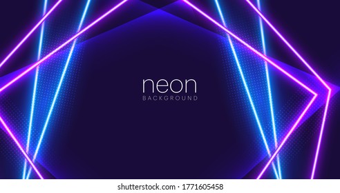 Sci-Fi Futuristic Chaotic Abstract Gradient Blue Purple Pink Neon Glowing Rectangle Cube Square Shape Tubes On Reflection Concrete Floor Dark Interior Room Space Spaceship 3D Rendering illustration.