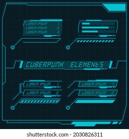 Scifi futuristic control panel collection of HUD elements GUI VR UI design Cyberpunk retro style.