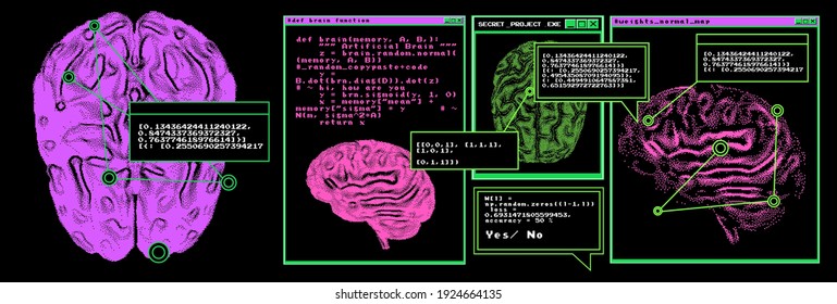 Sci-fi futuristic dashboard with message boxes and windows. Computer screen of scientist's desktop with brain MRI scans, programs and charts.