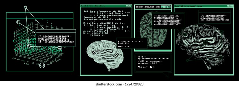 Sci-fi Futuristic Dashboard With Message Boxes And Windows. Computer Screen Of Scientist's Desktop With Brain MRI Scans, Programs And Charts.