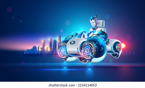 Un coche futurista de ciencia ficción sobrevoló la carretera contra el telón de fondo de una ciudad futurista. Una mujer conductor de ciborg conduce un vehículo de un solo asiento rápido. Ilustración vectorial del concepto de un coche de ciencia ficción