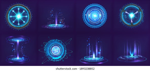 Sci-fi futuristic gadgets and devices in HUD style. Circle digital 3D elements for UI, GUI, VR and other. Hi-tech abstract elements - spheres, futuristic gadgets, holograms and other digital elements