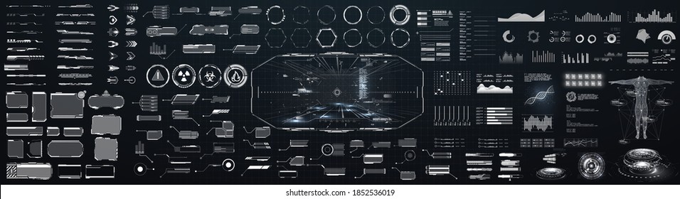 Sci-fi futuristic hud dashboard display virtual reality technology screen. Big collection HUD, GUI elements for VR, UI design. Futuristic User Interface set. Statistics, data information infographic - Shutterstock ID 1852536019