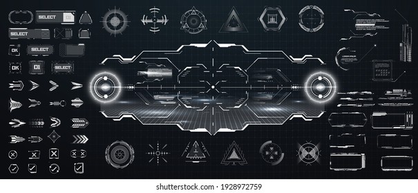 Sci-fi Futuristic Hud Dashboard Display Virtual Reality Technology Screen. Science Interfaces, Graph ,frames, Arrow, Aim And Tech Regulators Or Button Design Elements Digital Graphics Interface