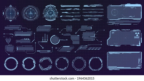 Sci-fi futuristic hud dashboard display virtual reality technology screen. Futuristic frames. Cyberpunk HUD square screen, callout, title and radar. Big collection HUD, GUI elements for game UI design