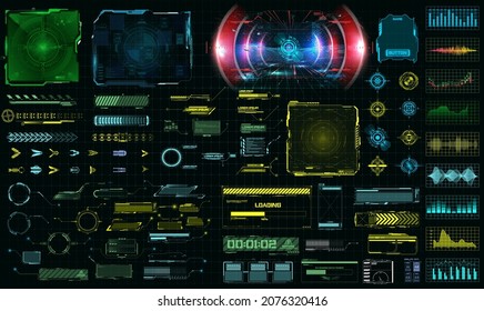 Sci-fi futuristic hud dashboard display virtual reality technology screen. Big collection HUD, GUI elements for VR, FUI design. Futuristic User Interface set. Statistics, data information infographic