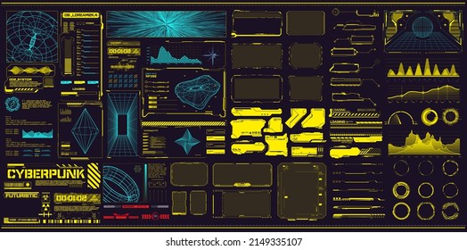 Sci-fi futuristic hud dashboard display virtual reality technology screen. Trendy 2022 shapes with HUD interface in concept Cyberpunk. Futuristic user Interface.Statistics, data infographic. Frame set