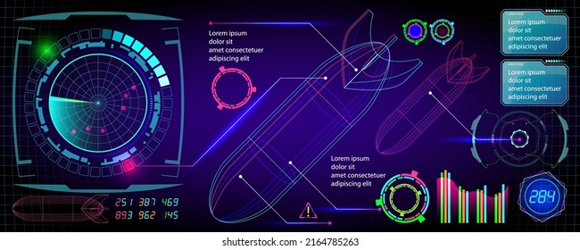 Sci-fi futuristic HUD dashboard display virtual reality technology screen. Abstract digital technology UI-UX Futuristic HUD, FUI, Virtual Interface. 