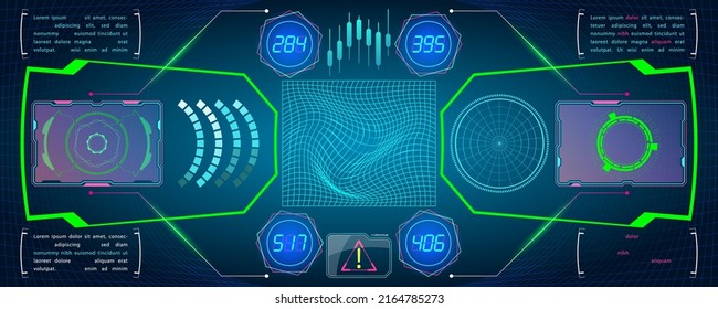 Sci-fi futuristic HUD dashboard display virtual reality technology screen. Abstract digital technology UI-UX Futuristic HUD, FUI, Virtual Interface. 