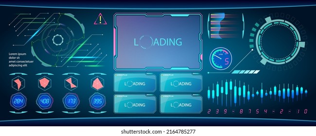 Sci-fi futuristic HUD dashboard display virtual reality technology screen. Abstract digital technology UI-UX Futuristic HUD, FUI, Virtual Interface. 