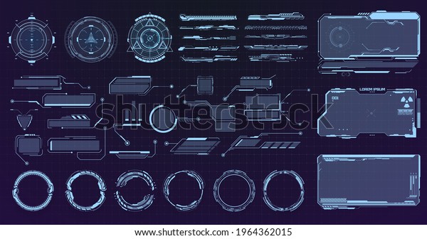 Sf未来的なhudダッシュボードには 仮想現実技術の画面が表示されます 未来的なフレーム Cyberpunk Hud正方形スクリーン 吹き出し タイトル およびレーダー 大きなコレクションhud ゲームuiデザイン用のguiエレメント のベクター画像素材 ロイヤリティフリー