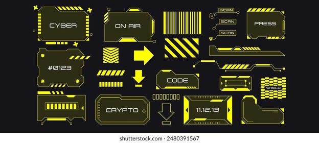 Sci-fi futuristic hud elements in cyberpunk style. Collection of virtual reality displays, process bars and computer user interface windows. 