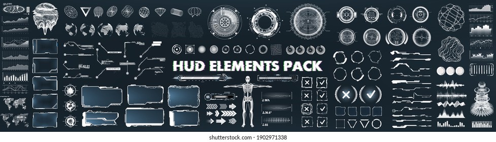 Scifi futuristic HUD, GUI, UI interface set for game and VR design. Virtual reality graphic box, big set futuristic elements. UI - charts, digital circle, earth global, 3D body and other HUD elements