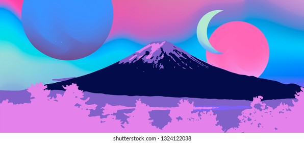 Sci-fi futuristic landscape with Fuji mountain and cosmic celestial bodies. 