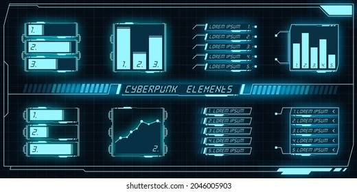 Scifi futuristic panel collection of HUD elements GUI VR UI design Cyberpunk neon glow retro style