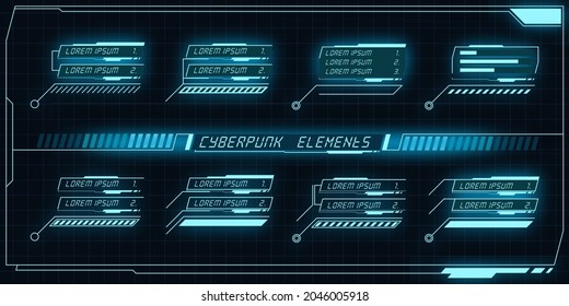 Scifi futuristic panel collection of HUD elements GUI VR UI design Cyberpunk neon glow retro style