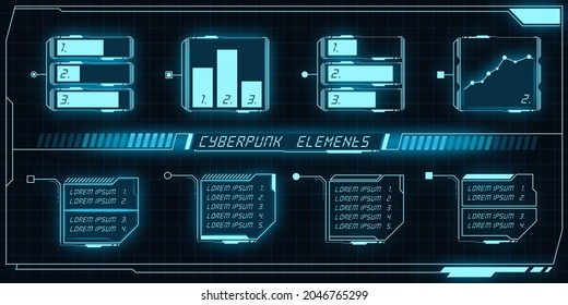 Scifi futuristic panel collection of HUD elements GUI VR UI design Cyberpunk neon glow retro style