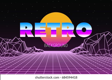 Sci-Fi futuristic retro background 80s style. Digital retro landscape with space, sun, mountains, cyber grid and neon lights. Retro 1980s style music album cover template.