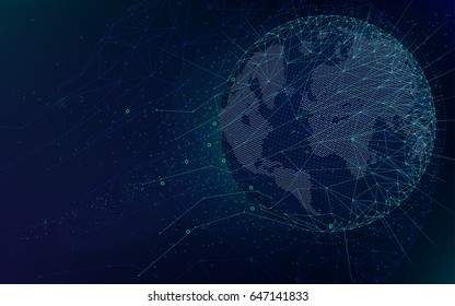 Sci-fi futuristic technologies, global network with world map, abstract vector infinite space background