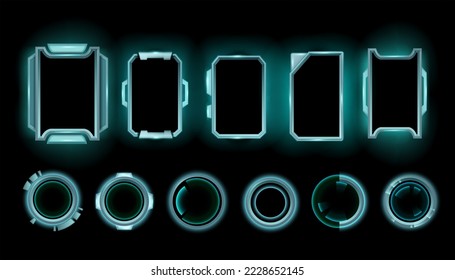Sci-fi game frame set, hi-tech stream background, vector space HUD border, neon cyber UI screen. Futuristic technology monitor kit, space ship modern interface. Rectangle circle window game frame