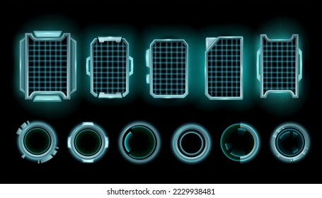 Sci-fi game frame set, hi-tech stream neon cyber UI screen background, vector space HUD border,. Futuristic technology monitor kit, space ship modern interface. Rectangle circle window game frame