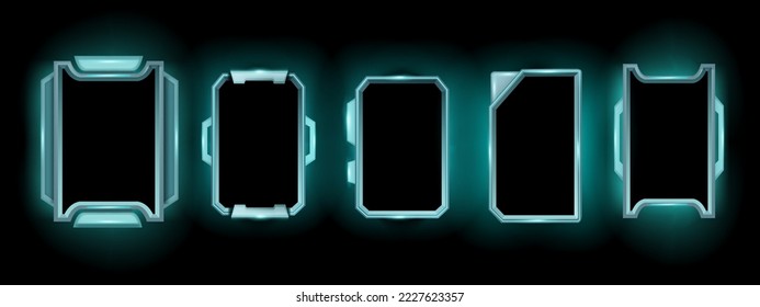 Sci-fi game frame set, vector space HUD border, neon cyber UI screen, hi-tech stream background. Futuristic technology monitor kit, space ship modern interface. Rectangle window game frame template