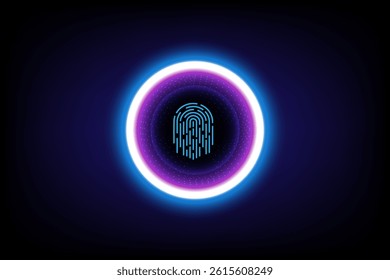 Sci-fi graphic digital fingerprint inside glowing blue and purple energy ring, giving modern and futuristic feel, related to cybersecurity, identity verification technology, biometric security systems
