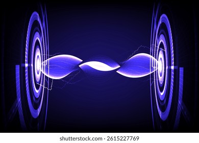 Sci-fi graphic showing an energy connection or energy wave between two high-tech devices in electric blue and purple tones. Featuring a modern glowing ring pattern and electric energy lines.