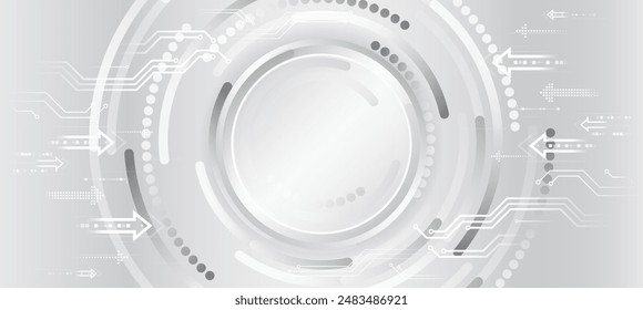 Sci-fi gray background with various technology elements. Science concept, circles and arrow with shadows, lines. Abstract hi tech communication for presentation or banner.