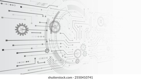 Fundo cinza de ficção científica com vários elementos de tecnologia. Conceito científico, placa de circuito e mecanismo de engrenagem. Abstrai a comunicação de alta tecnologia para apresentação ou banner. 