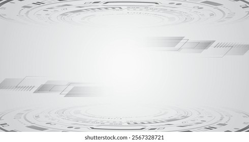 Sci-fi gray background with various technology elements. Science concept, circles with shadows and lines. Abstract hi tech communication for presentation or banner. 