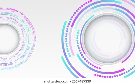 Fundo cinza de ficção científica com vários elementos de tecnologia. Conceito de ciência, círculos com sombras e linhas. Abstrai a comunicação de alta tecnologia para apresentação ou banner.