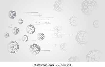 Sci-fi grey background with different technological elements. Science concept, lines, arrows and gear mechanism. Abstract high-tech communication for presentation or banner.