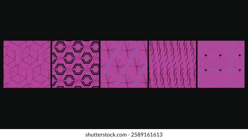 Sci-Fi grid seamless geometric pattern bundle—perfect for cyber branding, gaming, and tech projects, all in one futuristic collection in neon pink futuristic color