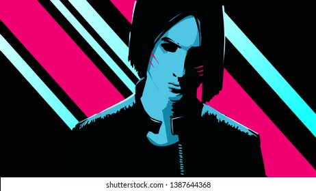Sci-fi guy in a leather jacket with long black hair and a face lit by a deep light.  Retro wave background with pink and blue stripes in 80s style.