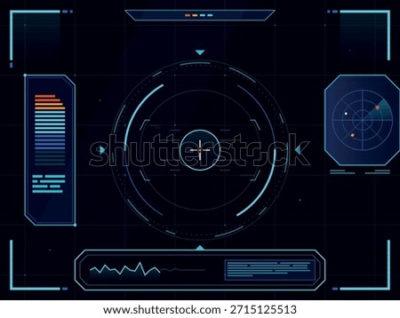 A sci-fi heads-up display (HUD) featuring a central targeting reticle, a radar screen with targets, and various data visualizations including a waveform and bar graphs.