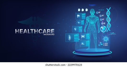 Sci-fi healthcare banner - stage and 3D human hologram with HUD interface. Complete medical research with AI. Modern medical examination of the whole body. Xray, dna, mri and other. Medical HUD banner - Shutterstock ID 2229970123