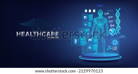 Sci-fi healthcare banner - stage and 3D human hologram with HUD interface. Complete medical research with AI. Modern medical examination of the whole body. Xray, dna, mri and other. Medical HUD banner