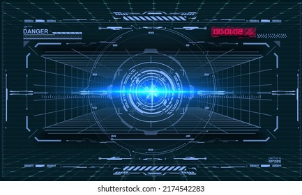 Sci-fi helmet HUD interface. Futuristic view of the cockpit or spacecraft, aiming or aiming system, virtual reality. Target control panel or radar digital screen, game UI and crosshair dashboard.