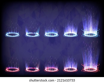 Sci-fi high-technology stage collection in glowing HUD. Hologram portal swirl light of science futuristic. Magic warp gate in game fantasy. Circle teleport podium. Rays, GUI, UI virtual reality users