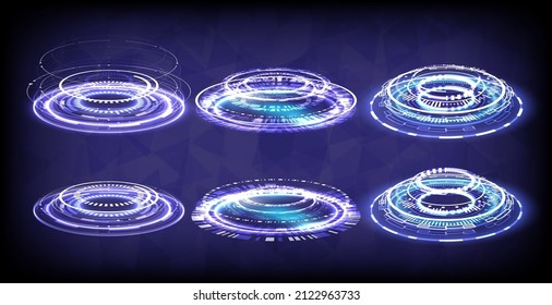 Sci-fi high-technology stage collection in glowing HUD. Magic warp gate in game fantasy. Circle teleport podium. Rays, GUI, UI virtual reality users. Hologram portal swirl light of science futuristic