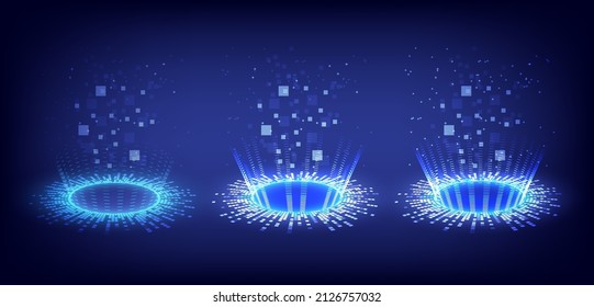 Sci-fi high-technology stage collection in glowing HUD. Magic warp gate in game fantasy. Circle teleport podium. Rays, GUI, UI virtual reality users. Wave hologram portal of science futuristic