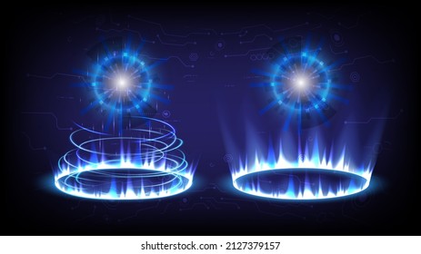 Colección escénica de alta tecnología en HUD brillante. Mostrando la luz del portal del holograma de la ciencia futurista. Puerta de la varita mágica en la fantasía del juego. GUI, usuarios de realidad virtual de interfaz de usuario. Podio del telepuerto circular