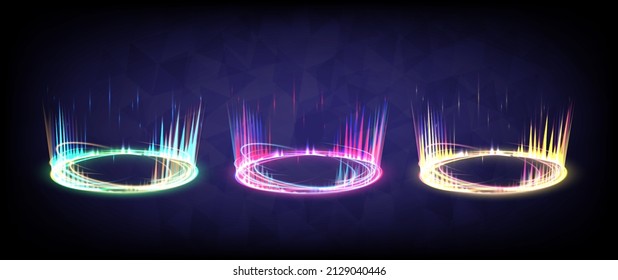 Sci-fi high-technology stage collection in glowing HUD. Hologram portal swirl light of science futuristic. Magic warp gate in game fantasy. Circle teleport podium. Neon virtual reality users