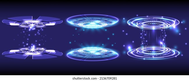 Sci-fi high-technology stage collection in glowing HUD. Magic warp gate in game fantasy. Circle teleport podium. Rays, GUI, UI virtual reality users. Hologram portal swirl light of product rendering