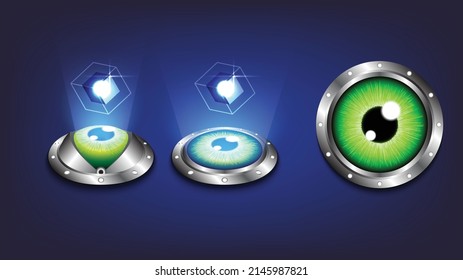 Sci-fi high-technology stage collection in glowing HUD. Biometric eye Security of privacy. Hologram portal swirl light. Magic warp gate in game fantasy. Circle teleport podium. Virtual reality users
