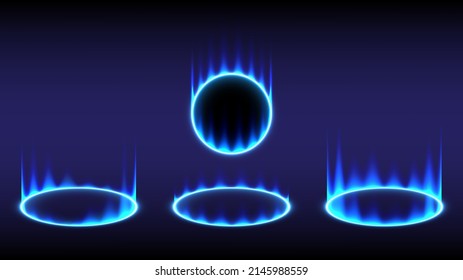 Sci-fi High-Tech Bühnenkollektion in glühendem HUD. Hologram Portal wirl Licht der Wissenschaft futuristisch. Zauberkriegstor in Spielfantasie. Circle Teleport Podium. Virtual-Reality-Benutzer mit blauer Flamme